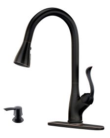 Matte Black Kitchen Faucet Pull Down Sprayer and Soap Dispenser - Single Handle Commercial High Arc One Hole Pull Out Spray Head Kitchen Sink Faucets